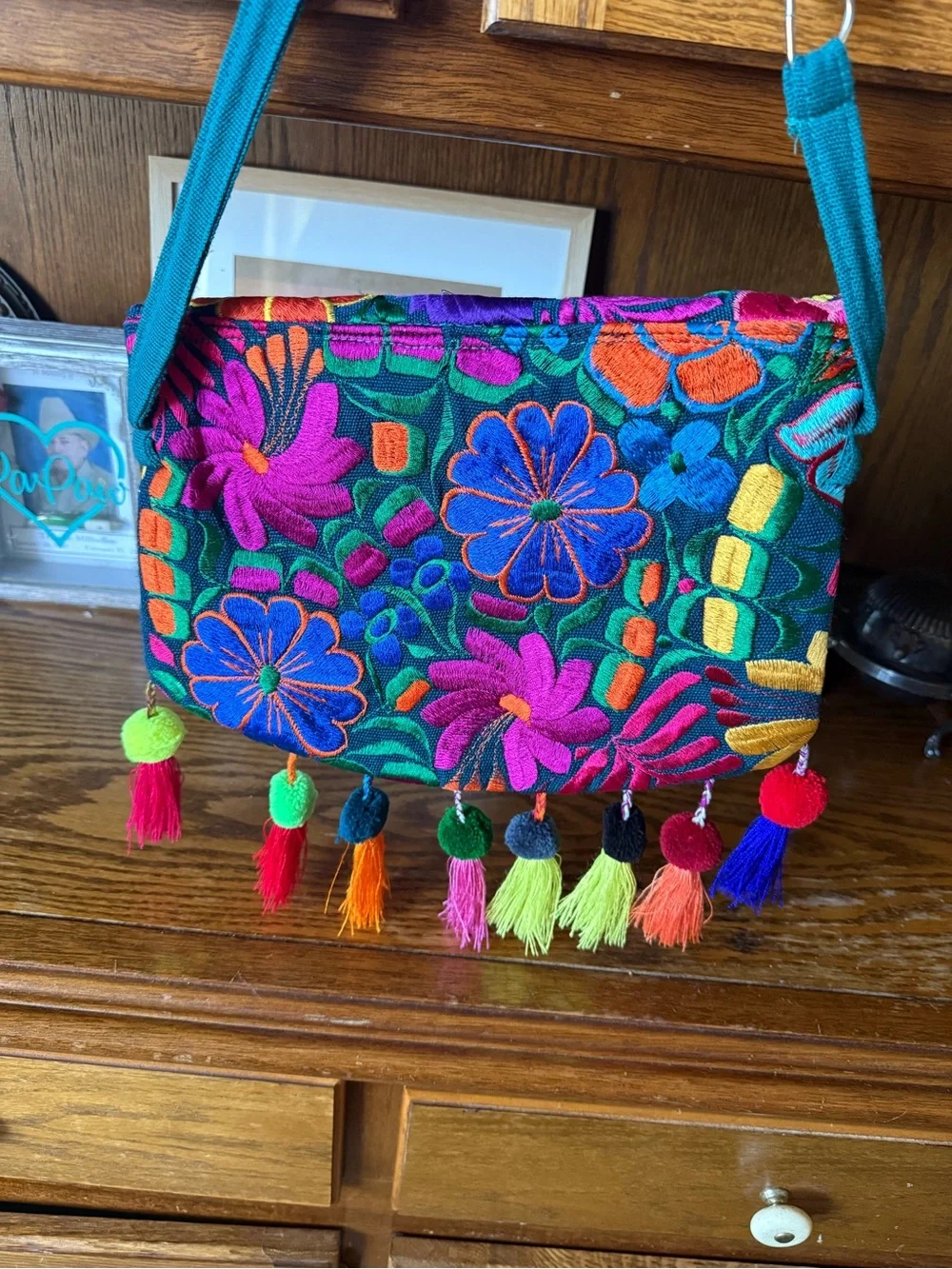 Colorful Floral Embroidered Crossbody Bag - Teal Strap